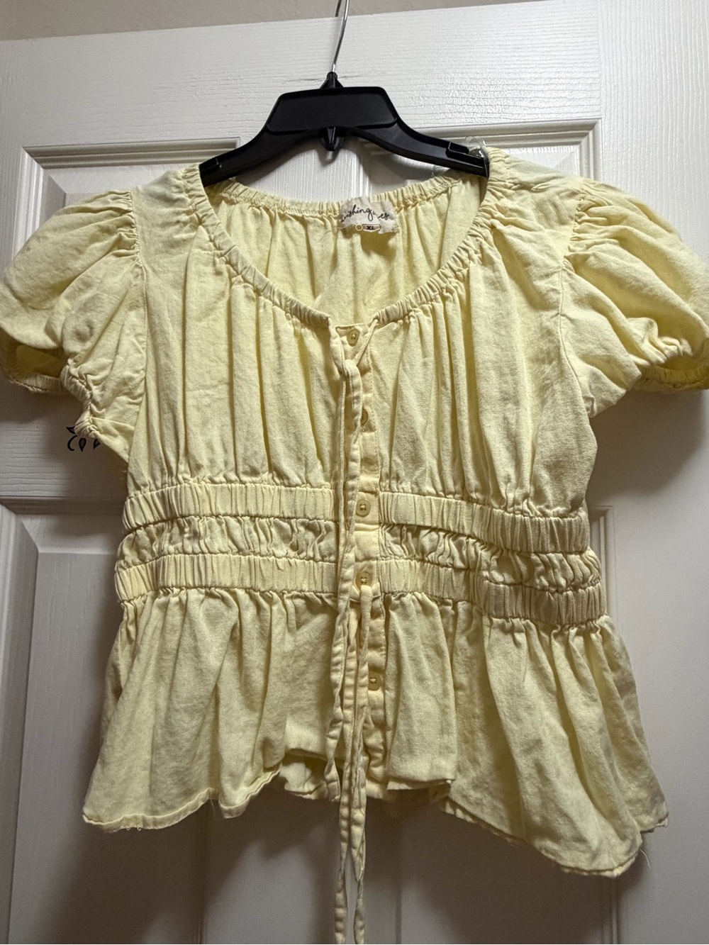 Light Yellow Smocked Button-Front Peasant Blouse